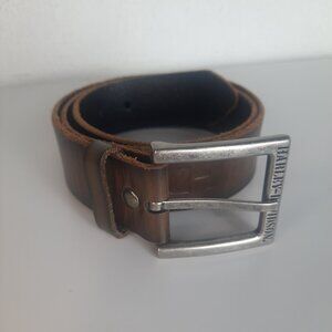 Harley Davidson 34 Brown Leather Embossed Belt SPELL OUT Engraved Buckle GOOD